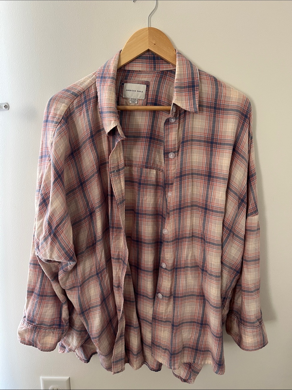 American Eagle Outfitters Pink and Blue Plaid Button-Down Shirt